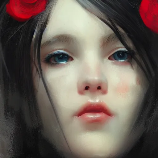 Prompt: a cute girl by ruan jia, 8 k, closeup headshot, smooth, trending on artstation, black long hair, a red flower in her hair