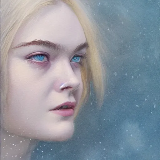 Image similar to professional painting of Elle Fanning in the style of John Harris, head and shoulders portrait, symmetrical facial features, smooth, sharp focus, illustration, intricate, stormy weather, extremely detailed masterpiece,