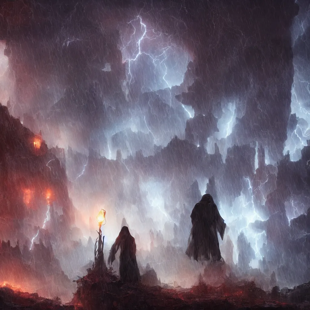 Image similar to a still of a cloaked figure standing in the ruins of crux prime, bree, lantern - lit town, there is lightning, blue fiery maelstrom in the distance, it is raining, digital art, artstationhq