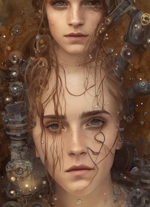 Prompt: underwater steampunk portrait of emma watson, au naturel, hyper detailed, digital art, trending in artstation, cinematic lighting, studio quality, smooth render, unreal engine 5 rendered, octane rendered, art style by klimt and nixeu and ian sprigger and wlop and krenz cushart.