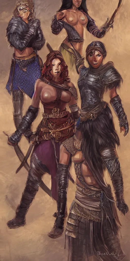 Prompt: female thief and a large young male warrior, and a young female african warrior, d & d, fantasy, portrait, in travis charestart style