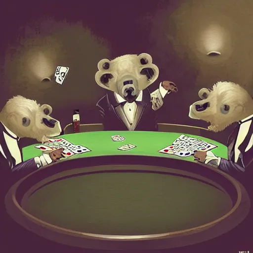 Prompt: “tardigrade and grizzly bear mobsters playing poker in a dimly lit basement poker table”