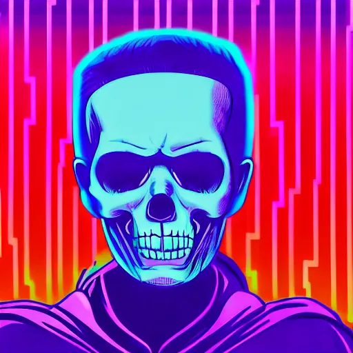 Image similar to rick astley skeletor in hoodie, portrait, vaporwave, synthwave, neon, vector graphics, cinematic, volumetric lighting, f 8 aperture, cinematic eastman 5 3 8 4 film