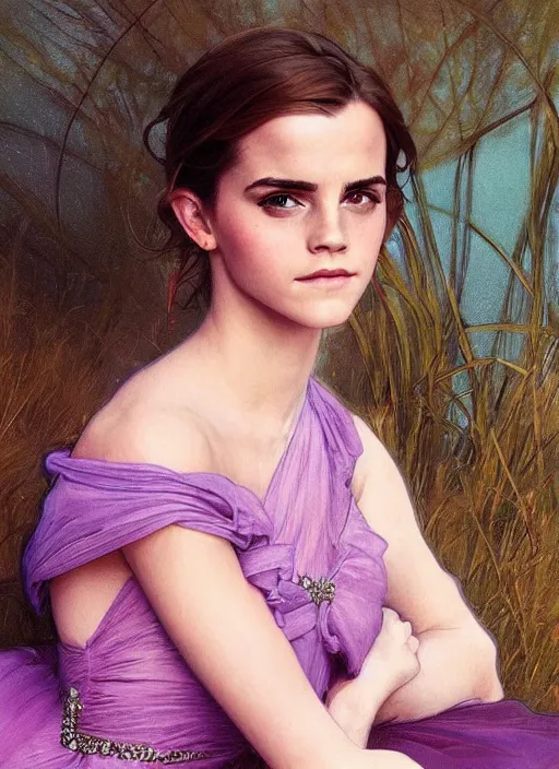 Image similar to emma watson wearing revealing elegant pink and purple dress with flounces. beautiful detailed face. by artgerm and greg rutkowski and alphonse mucha