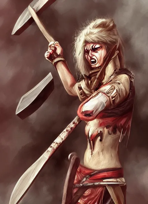 Image similar to woman warrior crying with angry striking her axe, trending on artstation