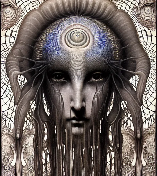 Prompt: detailed realistic beautiful jellyfish goddess face portrait by jean delville, gustave dore, iris van herpen and marco mazzoni, art forms of nature by ernst haeckel, art nouveau, symbolist, visionary, gothic, neo - gothic, pre - raphaelite, fractal lace, intricate alien botanicals, biodiversity, surreality, hyperdetailed ultrasharp octane render