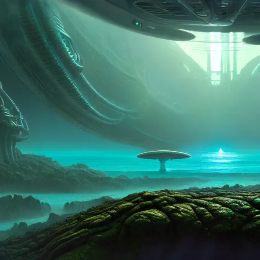 Image similar to a matte painting of alien underwater landscape of lush flora, remnants of old spaceship, alien creatures emerging, morning, by Giger and Ralph McQuarrie and Bruce Pennington, cinematic lighting, ambient light, hyperrealism, nvidia, octane render, 8k, iridescent accents, vray, deviantart