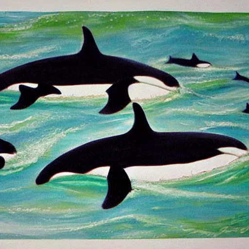 Image similar to a painting of a group of orca's swimming in a lake, a storybook illustration by sarah louisa kilpack, featured on deviantart.