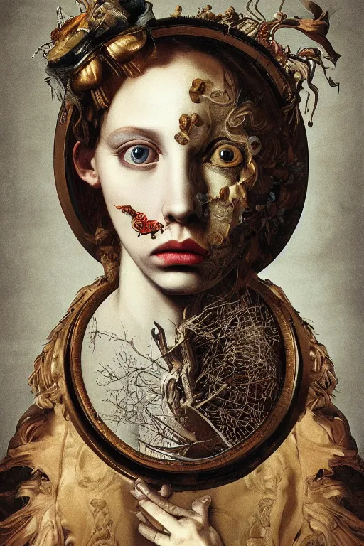 Image similar to Detailed maximalist portrait with large lips and with large wide eyes, surprised expression, extra flesh and eyes, HD mixed media, 3D collage, highly detailed and intricate, surreal illustration in the golden ratio, in the style of Caravaggio, dark art, baroque