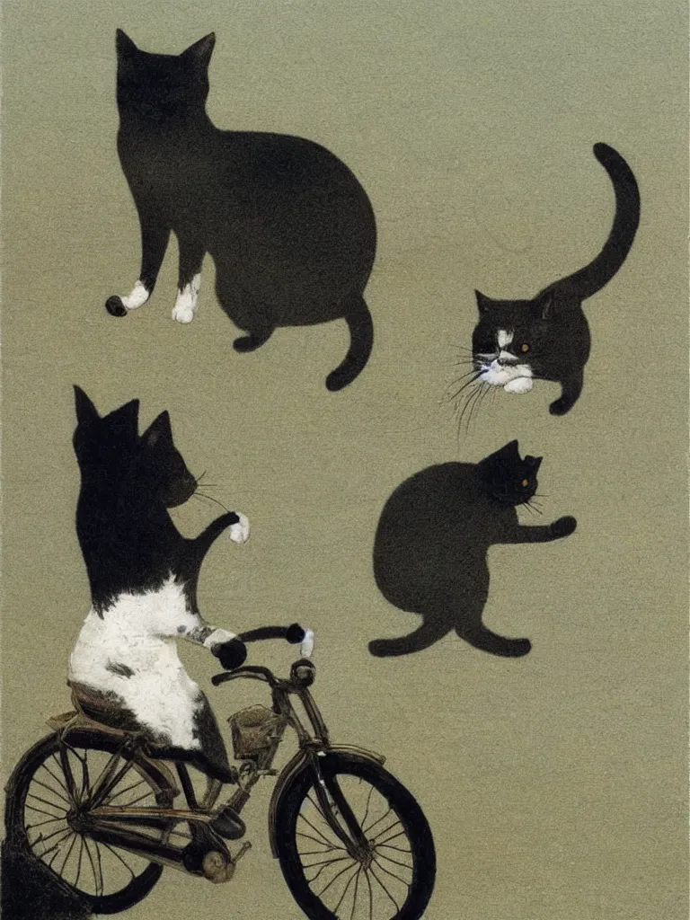 Image similar to A cat driving a bicycle, an illustration by Michael Sowa, but as photography