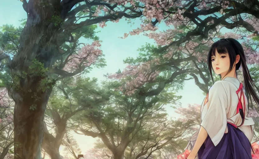Image similar to front portrait of a girl walking, sakura tree in background, yukata clothing, battlefield in background, anime style, shoulder eyes, hair down, symmetrical facial features, from arknights, hyper realistic, 4 k, extreme detail, detailed drawing, trending artstation, realistic lighting, by alphonse mucha, greg rutkowski, sharp focus, backlit