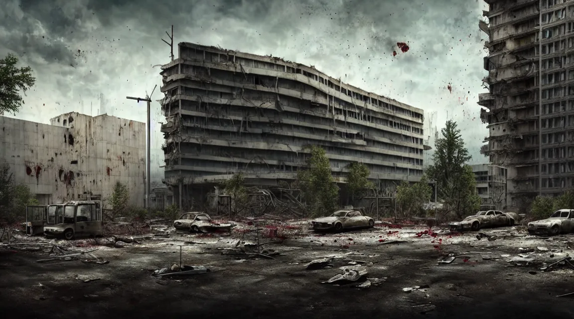 Image similar to post apocalyptic hospital building, survivors fighting, morning, building, avenue, modern contemporary urban americana concrete architecture, by pascal blanche, neil blevins, apocalyptic color palette, trending on artstation, photorealistic, wilderness ambiance, ultra detailed, high definition, depth of field, bokeh, rubble, wild vegetation, blood stains, building crumbling