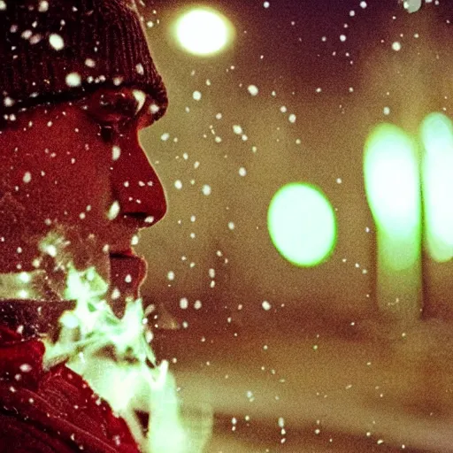 Image similar to close up front side view, man sitting on park bench on christmas eve smoking cigarette snowing snowy. cigarette glowing embers smoke volumetric c4d. harsh lighting, live action photo 1993 film. bokeh Christmas lights in the background