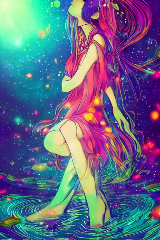Image similar to psychedelic, whimsical, anime, 4k, beautiful intimate woman with professional makeup, long trippy hair, a crystal and flower dress, bathing in a reflective pond, underneath the stars, rainbow fireflies, trending on patreon, deviantart, twitter, artstation, volumetric lighting, heavy contrast, art style of Ross Tran and Ilya Kuvshinov