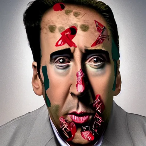 Prompt: nic cage but he's wearing an outfit that comprises his face all over it
