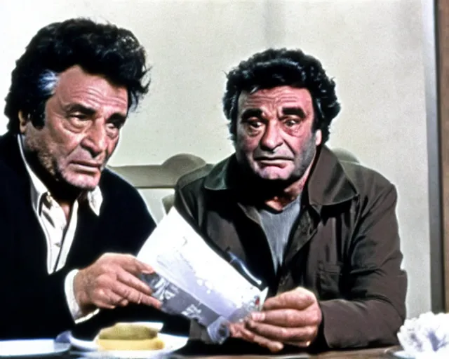 Image similar to peter falk as columbo interrogating missingno from pokemon, still shot