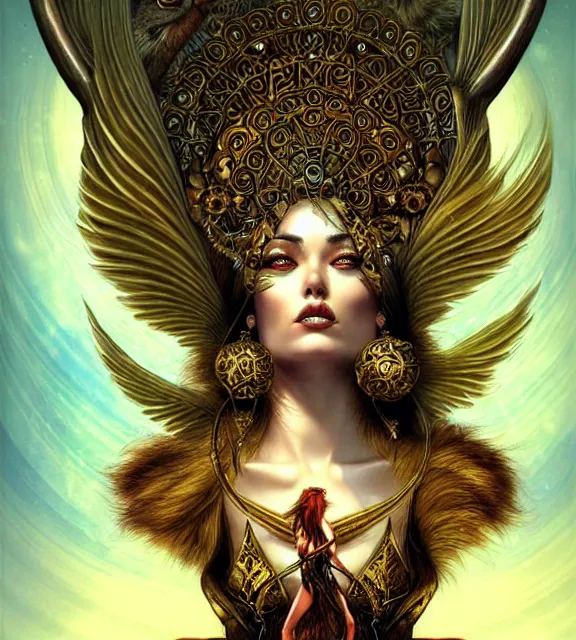 Image similar to goddess of the hunt, tarot card, ornate, digital art by artgerm and karol bak