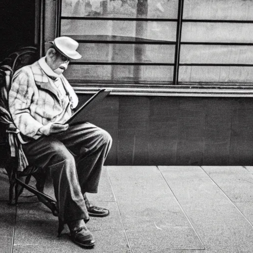 Image similar to turn of the century sepia photo of a man waiting at the train station while holding an ipad