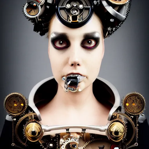 Prompt: a beautiful intricate fine art portrait photo of a mechanical industrial steampunk cybernetic sommelier, by natalie shau and zach sutton, perfection!, studio lighting, 35mm lens, very detailed, ring light in the eyes, bionic, cybernetic scifi, deep depth of field, artstation, 8K, highly coherent