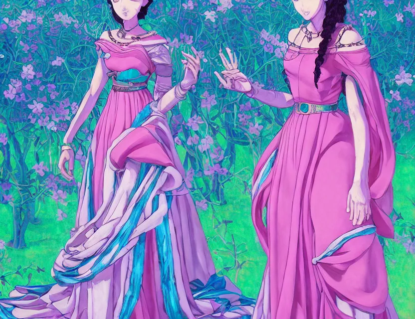 Image similar to middle eastern scifi princess at the rose springs, wearing a lovely dress with vaporwave details. this oil painting by the award - winning mangaka has an interesting color scheme and impeccable lighting.