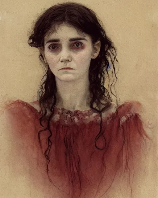 Prompt: a beautiful but sinister, creepy young woman who looks like a young shirley henderson in layers of fear, with haunted eyes and curly hair, 1 9 7 0 s, seventies, delicate embellishments, a little blood, crimson, painterly, offset printing technique, by jules bastien - lepage