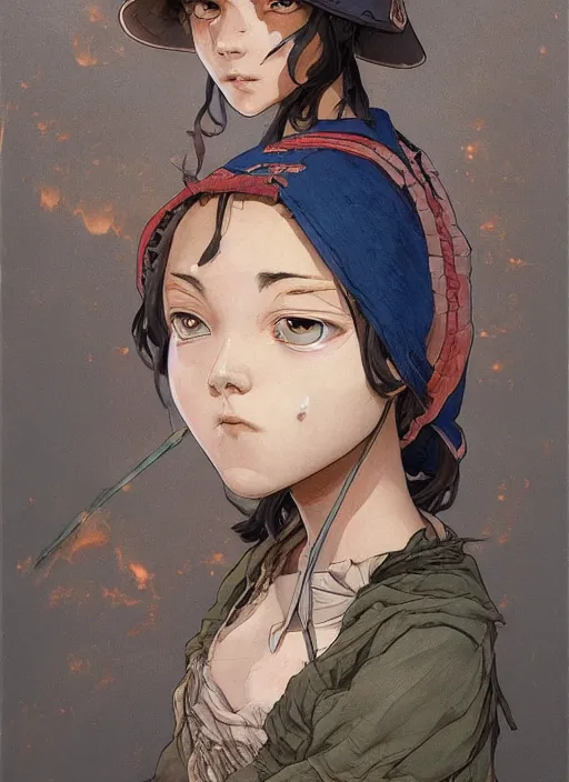 Prompt: prompt : portrait soft light painted by james jean and katsuhiro otomo and erik jones, inspired by akira anime, epic fantasy, a young dark skinned girl with short hair dressed as a boy in plain peasant clothing and a newsboy cap, intricate oil painting, high detail illustration, sharp high detail