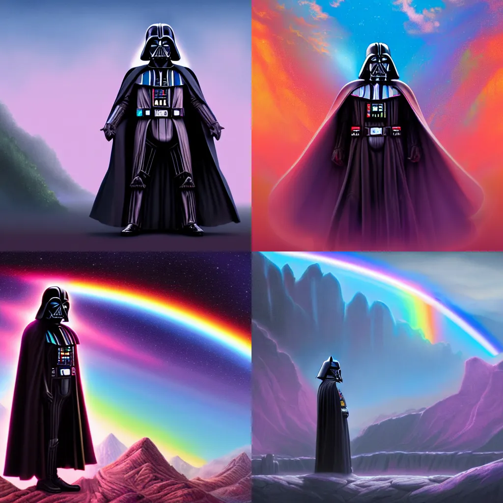 Prompt: highly detailed matte painting of multicolored darth vader by dan mumford and lisa frank, rainbow, unreal engine, concept art, trending on artstation