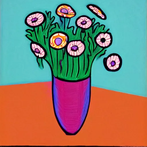 Prompt: neon, overcast balmy by jim woodring. a land art of a group of anemones in a vase