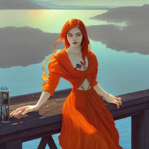 Image similar to orange Tulip with a lake view, intricate, highly detailed, digital painting, artstation, concept art, smooth, sharp focus, illustration, Unreal Engine 5, 8K, art by artgerm and greg rutkowski and alphonse mucha