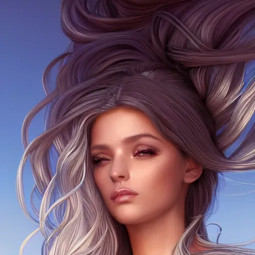 Image similar to digital art of a hispanic woman with long white hair wearing a dress, summer warm weather, beautiful lighting, by artgerm, by magali villeneuve, highly detailed, octane render, beautiful face, 4 k, trending on artstation