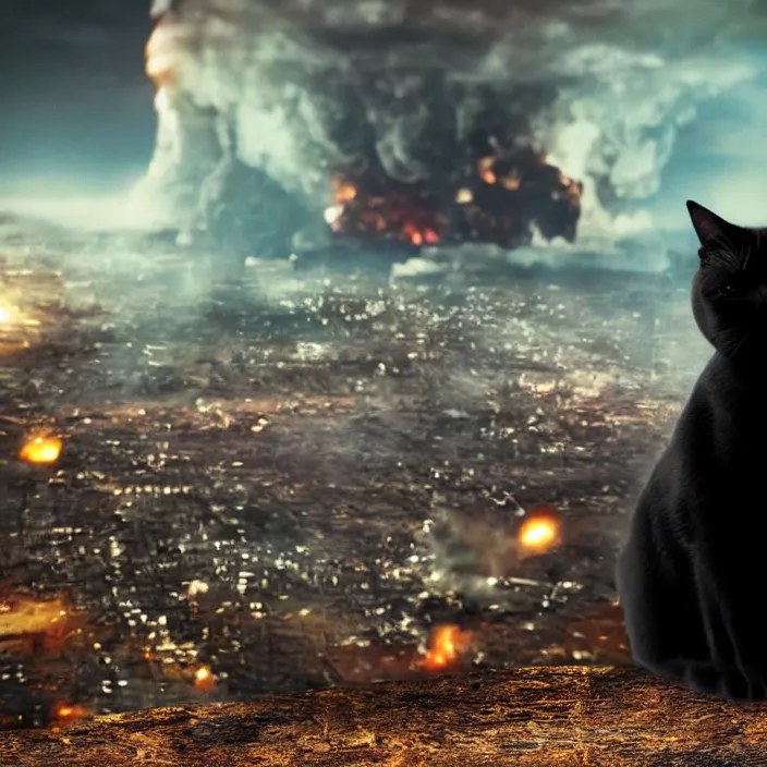 Image similar to cinematic movie close up shot, background blur bokeh, old man sitting with black cat watching nuke explosion close up!, world ending nuke, 4 k