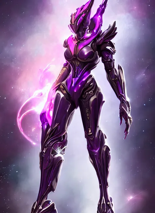 Image similar to cinematic full body, cosmic sized beautiful stunning giant robot mechan hot female dragon goddess, sharp sleek cyborg dragon head, sharp metal ears, smooth purple eyes, smooth fuschia skin, smooth silver armor, nebula, epic proportions, epic scale, macro furry, furry art, dragon art, goddess art, giantess art, warframe, warframe fanart, furaffinity, octane