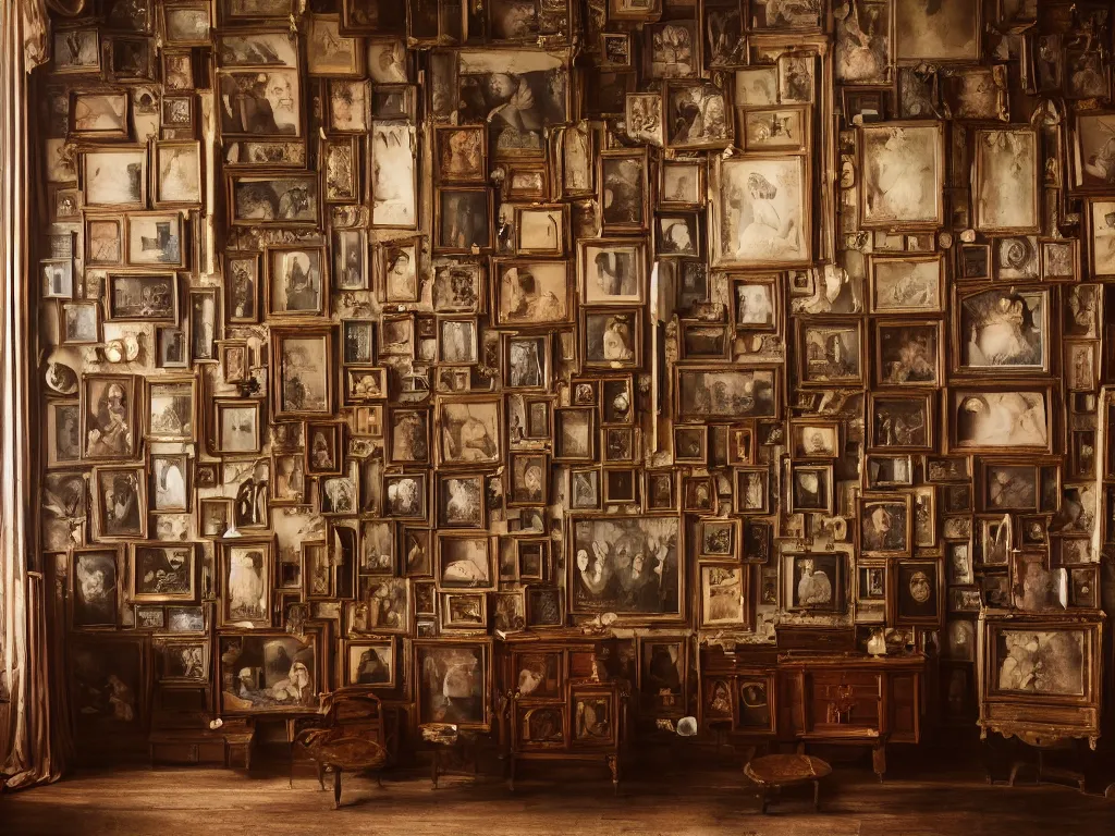 Prompt: the walls of an old victorian cabinet of curiosities full of georgian lover's eyes, eye miniature, shadowed room, small windows, volumetric light, dust, richard cosway, george engleheart, norbert ghisoland, gregory crewdson, erwin olaf, 4 k,