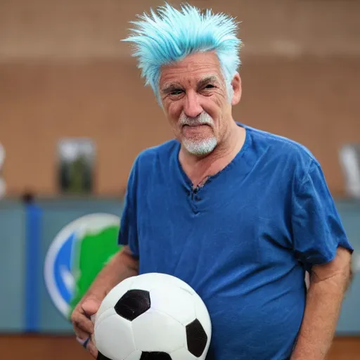 Prompt: an old man with blue hair bringing his priceless soccer ball to the antiques roadshow,