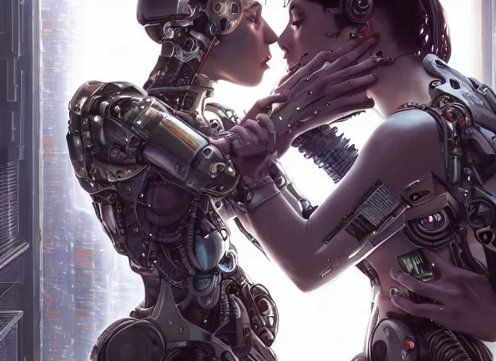 Image similar to ultra realistic medium shot of a couple of cyborgs kissing, lovers, cyberpunk, sci - fi, fantasy, kodak, colour led, soft light, volumetric lighting, night, intricate, highly detailed, digital painting, concept art, smooth, sharp focus, illustration, art by artgerm and greg rutkowski and alphonse mucha