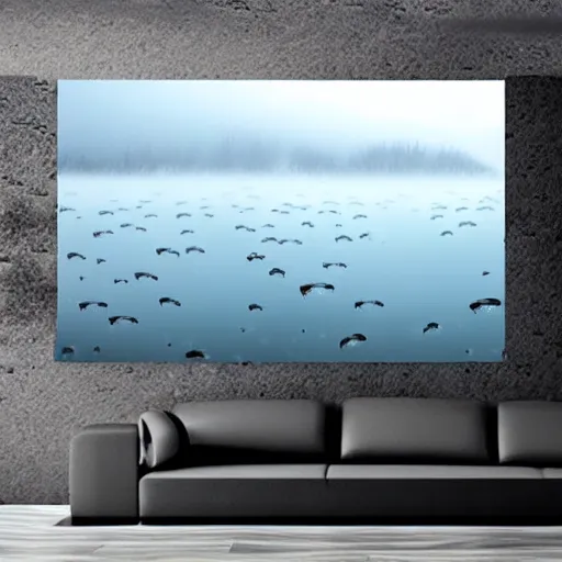 Image similar to hundreds of tiny monster fish with black eyes looking up from the foggy deep water, hyper realistic,