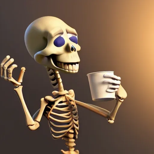 Prompt: 3d render pixar cartoon skeleton drinking a cup of coffee hd octane render