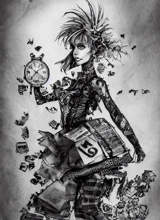 Image similar to portrait, Punk rock Alice in wonderland, caterpillar tattoo on her neck, septum piercing, fishnets, full body, torn skirt, watercolor, dramatic lighting, cinematic, establishing shot, extremely high detail, foto realistic, cinematic lighting, pen and ink, intricate line drawings, by Yoshitaka Amano, Ruan Jia, Kentaro Miura, Artgerm, post processed, concept art, artstation, matte painting, style by eddie mendoza, raphael lacoste, alex ross
