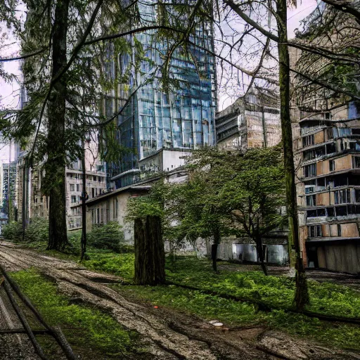 Image similar to nature reclaiming Seattle, lots of trees, dilapidated buildings, afternoon, ultra detailed, cinematic, no blur, 4k