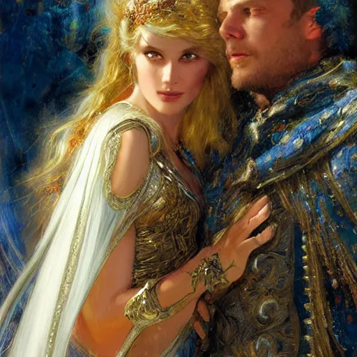Prompt: stunning arthur pendragon in love with stunning woman merlin the mage. they are close to each other. highly detailed painting by gaston bussiere, craig mullins, j. c. leyendecker