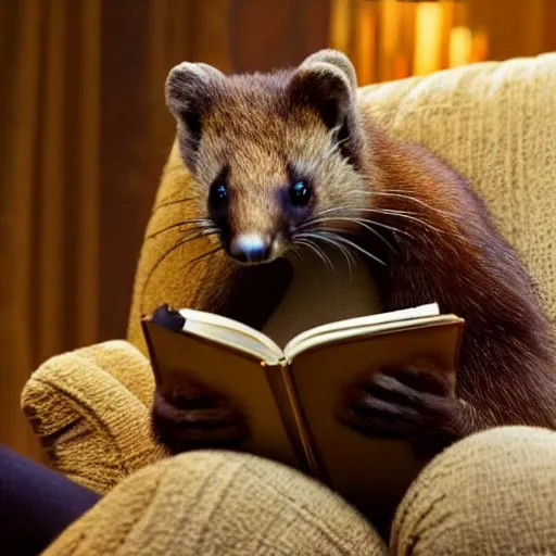 Image similar to A scene from a 2022 Marvel film featuring a humanoid pine marten reading on a couch. An anthropomorphic pine marten wearing a loose white shirt. 8K UHD.