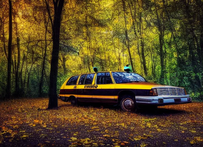 Prompt: Impressionism painting of a an abandoned 1980s taxi car in a forest with falling leaves, dramatic, sunrays