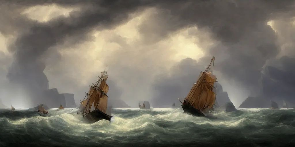 Image similar to a sail powered pirateship sailing through a powerful lighting storm, cliffs can be seen in the background, in the style of hudson river school, trending on art station, done in all blues