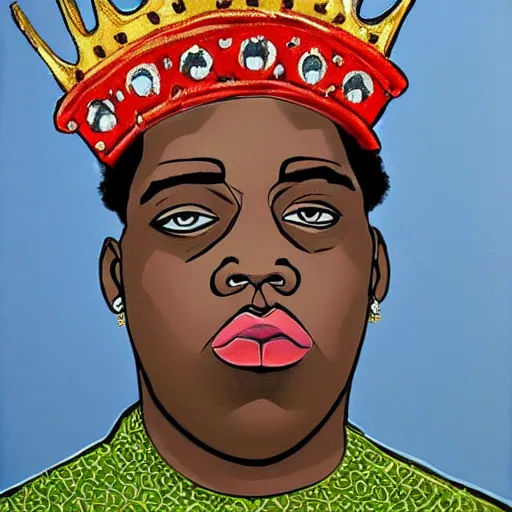 Image similar to a single biggie smalls, notorius B.I.G, wearing a crown, portrait, medium shot, symmetrical face and body, single face, single nose, single mouth, accurate, hyperdetailed, intricate detail, insanely detailed and intricate, in the style of Henri Matisse, edge to edge, solid color background intricate, highly detailed, smooth, sharp focus, detailed face and body, high contrast