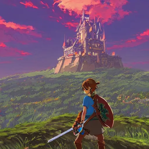 Image similar to A Huge Castle by Miyazaki Nausicaa Ghibli, breath of the wild style, epic composition