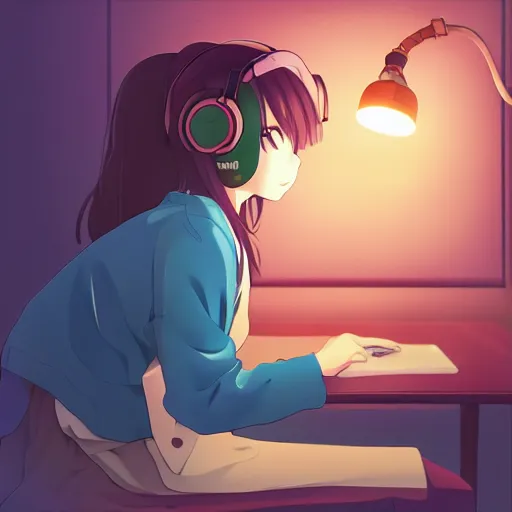 Image similar to lo - fi anime girl, wearing a blue cardigan and red aesthetic lo - fi headphones, studying in a brightly lit room, a lamp hovers above as it illuminates the room, nighttime!!!!!!, cgsociety contest winner, artstation, golden ratio, dim lighting, studio ghibli!!!, 4 k