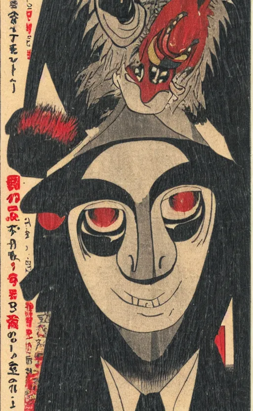 Prompt: by akio watanabe, manga art, portrait of festival tengu mask, abandoned japaense village, trading card front