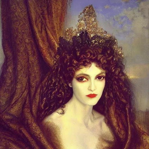 Image similar to oil painting of princess Vulvine, Hungarian, curly dark hair, fair skin, funeral veil, dark ominous by Georgia o Keeffe, by Marcel Jankowicz, Paul Ruben's, by Gustave Moreau, concept art, master, realism, romantism