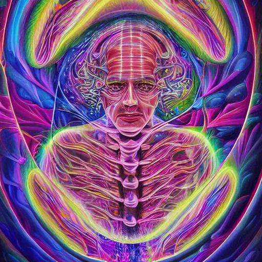 Image similar to a medical illustration painted by Alex-Grey dmt-art, psychedelic painting of a man thinking across the galaxy with the astral plane connection of millions of eyes forming a vortex of consciousness