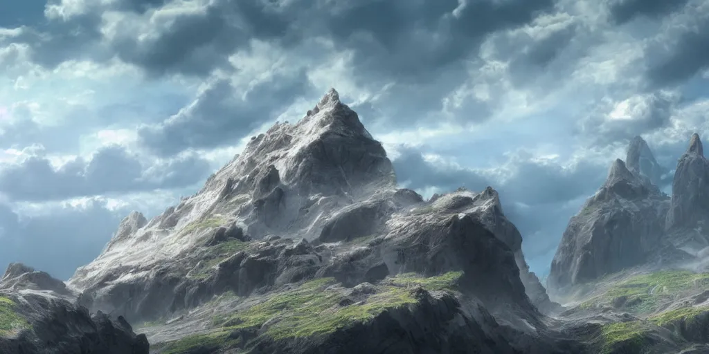 Prompt: peaceful clouds, mountain range with huge cliffs, epic, matte painting, concept art, 4k